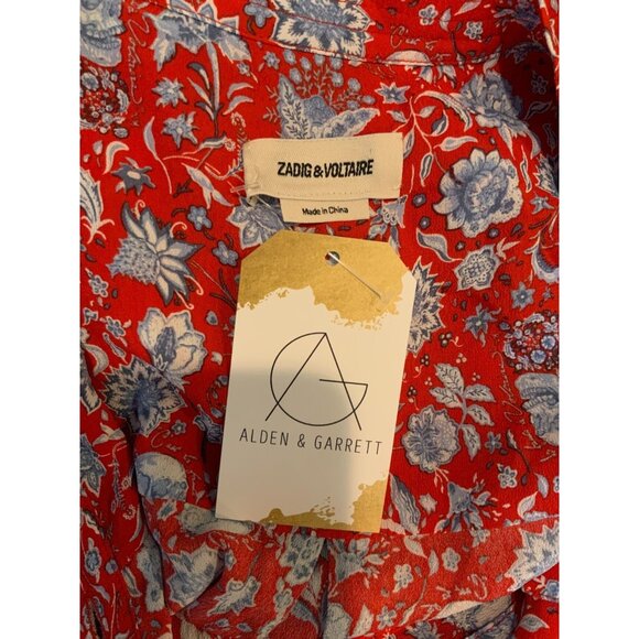 Zadig & Voltaire Cookis Red Blue Floral Satin Short Sleeve Romper Size Large - Picture 7 of 7